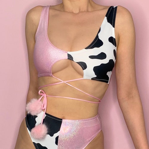 Cow print Pom Pom rave top / rave top only / festival clothing