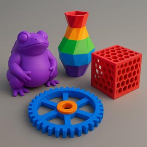 May include: A collection of colorful 3D-printed objects. Includes a purple frog, a rainbow-colored vase, a red honeycomb cube, and a blue gear with an orange center. The objects are arranged on a gray surface.