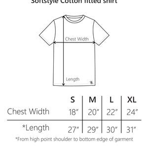 May include: Size chart for a soft cotton fitted shirt. The chart shows chest width and length measurements in inches for sizes S, M, L, and XL. The fabric is 100% cotton.