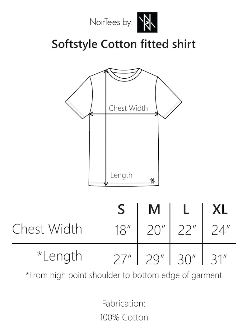 May include: Size chart for a soft cotton fitted shirt. The chart shows chest width and length measurements in inches for sizes S, M, L, and XL. The fabric is 100% cotton.