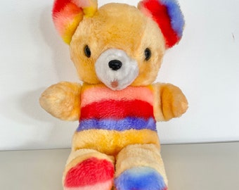 Vintage Rainbow Teddy Bear Plush Soft Toy - 1980s