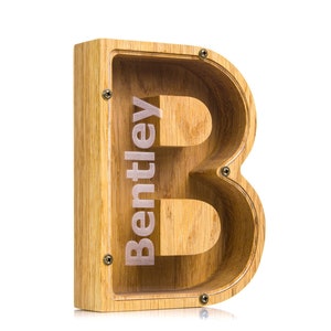 Personalized Christmas gift for boys girls LETTER money box Wooden piggy bank Neutral nursery decor Baby shower favors Birthday gift kid toy