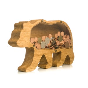 Adult Piggy Bank GRIZZLY BEAR Wood Money Box for Girls Boys Kids Montessori Wooden Toy Unique Tip Jar Personalized Coin Bank Organic Glass