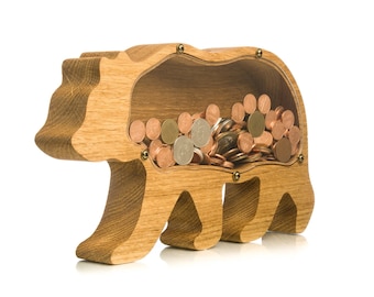Adult piggy bank GRIZZLY BEAR Wood money box for girls boys kids Montessori wooden toy Unique tip jar Personalized coin bank organic glass