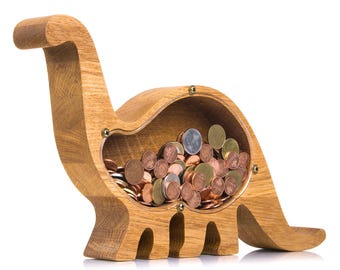 Personalized Dinosaur Piggy Bank: Oak Wood Coin Box for Boys Girls, Kids Birthday Gift