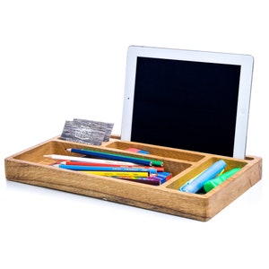 Wood Desk Organizer, Cell Phone Stand, Wooden Key Holder, Valet Tray, Tablet Holder, Office Accessories for Men and Women, Desk Caddy Gift