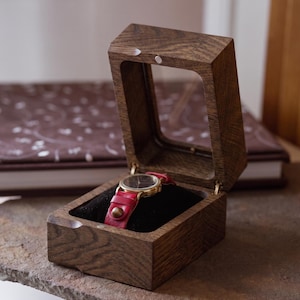 Personalized Wooden Watch Box with Glass Top - Single Watch Display,  Cushion Included