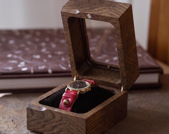 Personalized Wooden Watch Box with Glass Top - Single Watch Display,  Cushion Included