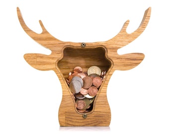 DEER head wood piggy bank Montessori toy Elk moose home decor Christmas gift for boy girl kids Adult money box Unique baby gift Tip coin jar