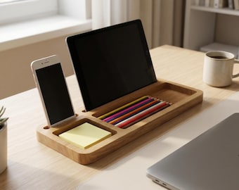 Wooden Desk Organizer Tray: Phone, Tablet Stand, Wallet, Keys Holder, Office Desk Accessories
