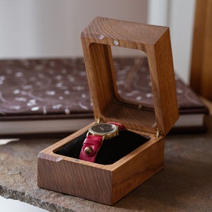 Personalized Wooden Watch Box with Glass Top - Single Watch Display,  Cushion Included