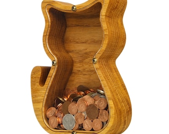 Personalized Oak Wood Cat Piggy Bank: Kitten Coin Bank, Kids Toy