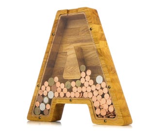 Personalized Large Wooden Letter Piggy Bank – Custom Oak Coin Box with Clear Front