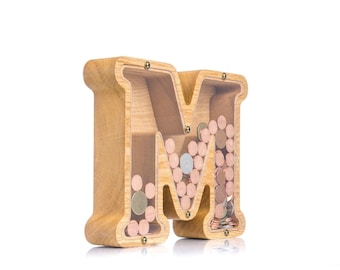 Personalized Wood Letter Piggy Bank: Oak Coin Bank for Kids, Baby Name Money Box