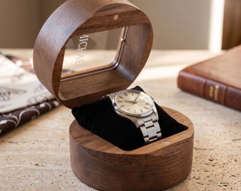 Personalized Single Watch Box, Solid Wood Display Case, Custom Engraved Gift for Him