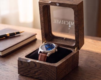 Personalized Single Watch Box, Engraved Wooden Display Case, Solid Wood Gift for Him