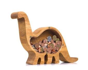 Personalized Dinosaur Piggy Bank: Oak Wood Coin Box for Boys Girls, Kids Birthday Gift