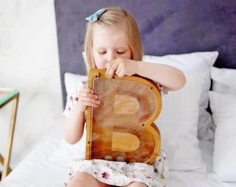 Personalized Wooden Letter Piggy Bank: Custom Nursery Decor Savings Keepsake