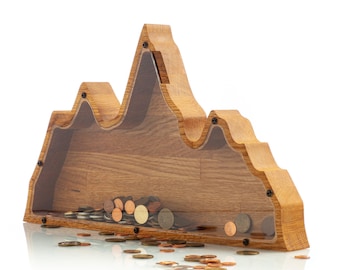Personalized Mountain Oak Piggy Bank: Custom Name Coin Bank, Adventure Fund Decor