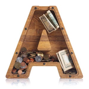 Personalized Oak Wood Letter Piggy Bank: Kids & Adult Gift, Custom Engraved Saving Box image 2