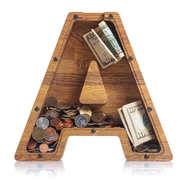 Personalized Oak Wood Letter Piggy Bank: Kids & Adult Gift, Custom Engraved Saving Box image 2