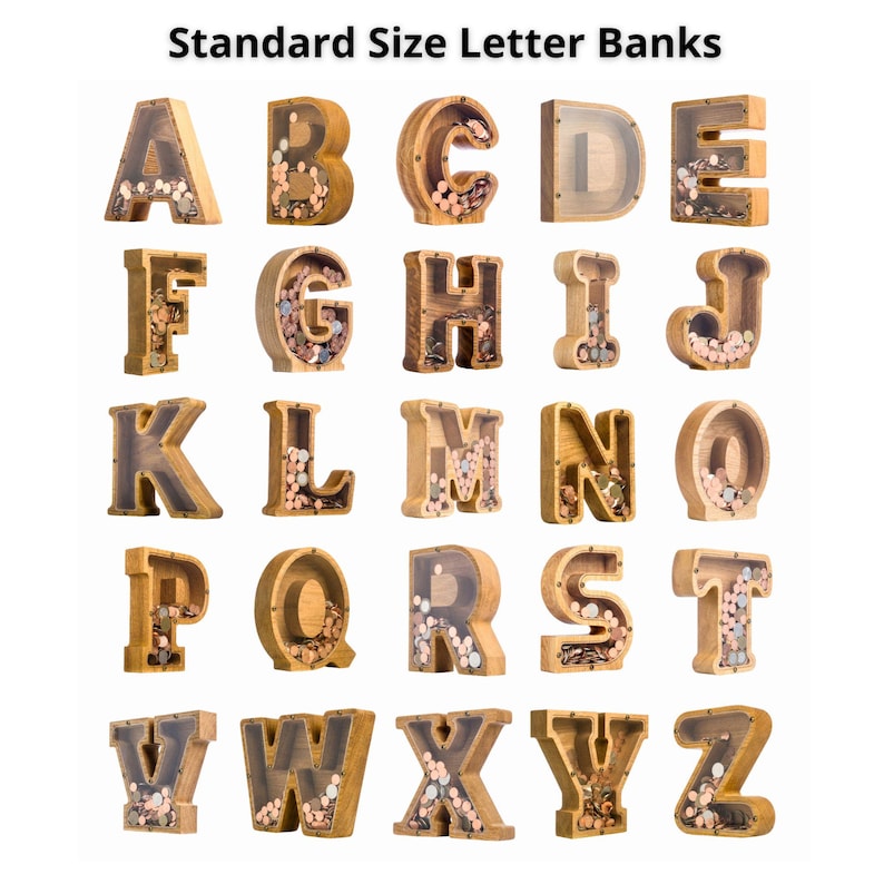 a collection of wooden letter banks, each with a different design and size, arranged in a grid-like pattern.