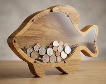 Wooden Fish Piggy Bank for Kids, Personalized Coin Jar, Custom Name Oak Money Box