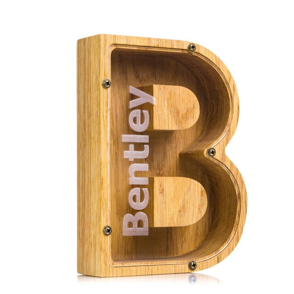 Personalized Oak Wood Letter Piggy Bank: Neutral Nursery Decor Savings Keepsake