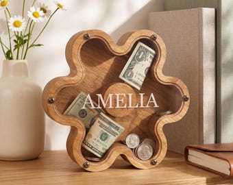Flower Piggy Bank, Daisy Wooden Savings Box, Personalized Nursery Decor, Kids Birthday Gift