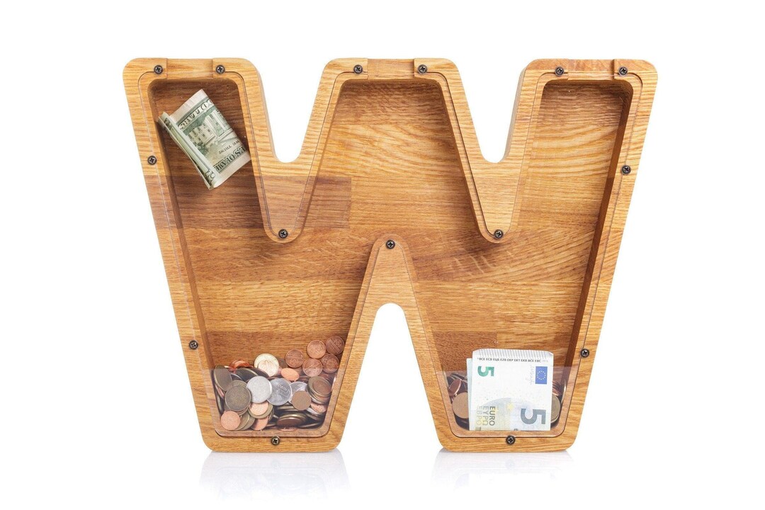 Coin Bank Lettering Personalized Oak Wood Letter Piggy Bank: Engraved Initial Coin Bank ...