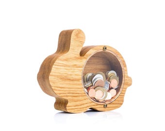 Personalized Rabbit Piggy Bank, Wooden Bunny Money Box, Easter Gift for Kids, Woodland Decor