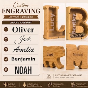 The image is a collage of four wooden letter-shaped money boxes, each personalized with the name of a different person. The boxes are labeled with the names Oliver, Jack, Amelia, Benjamin, and Noah. The boxes are made of wood and have a natural wood finish. The image also includes text that provides information about custom engraving on wood and the option to choose a font.