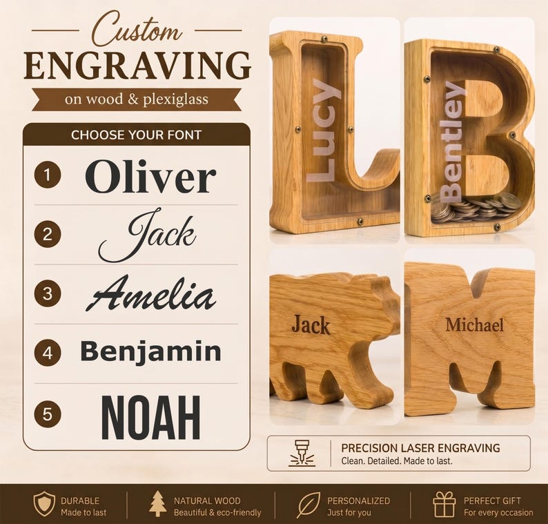 The image is a collage of four wooden letter-shaped money boxes, each personalized with the name of a different person. The boxes are labeled with the names Oliver, Jack, Amelia, Benjamin, and Noah. The boxes are made of wood and have a natural wood finish. The image also includes text that provides information about custom engraving on wood and the option to choose a font.