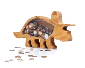 Personalized Dinosaur Piggy Bank: Oak Wood Triceratops Coin Box, Custom Name Baby Shower Gift