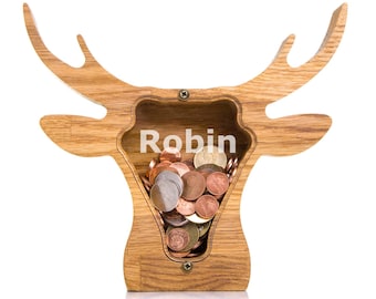 Deer Piggy Bank: Personalized Wooden Money Box, Gift for Kids, Adults, Woodland Cabin Decor