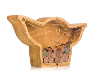 Personalized Oak Alien Piggy Bank: Space Wars Coin Bank with Big Ears