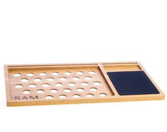 Eikenhouten schootbureau: mobiel werkstation met muismat, sleuven voor Macbook en iPhone