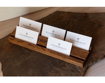 Personalized Business Card Holder, Engraved Oak Display, Custom Logo Desk Stand