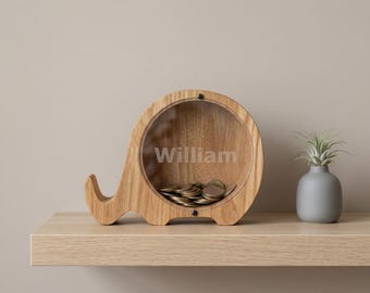 Elephant Piggy Bank: Personalized Oak Wood Money Box, First Birthday Savings Gift, Nursery Decor