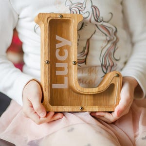 Custom Engraved Wooden Letter Piggy Bank: Montessori Coin Jar, Initial Money Box