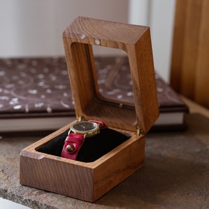 Single Watch Box Glass Top - Christmas Gift for Men Women - Custom Personalized Wooden 1 Watch Display Case - Cushion included