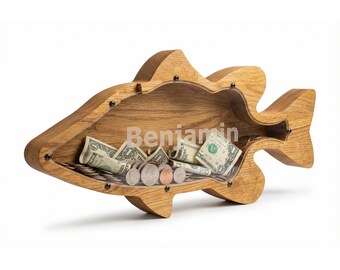 Walleye Fish Piggy Bank, Large Wooden Coin Box for Fishing Lovers, Lake House Decor