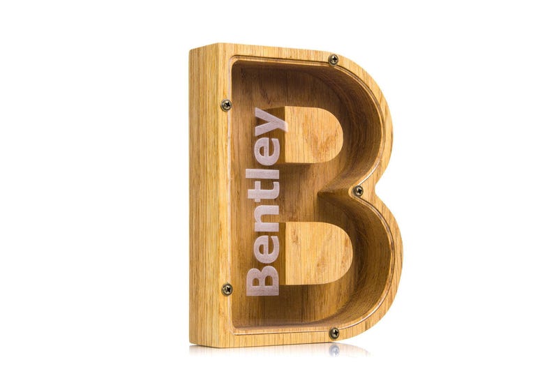Personalized Oak Wood Letter Piggy Bank: Kids & Adult Gift, Custom Engraved Saving Box image 16