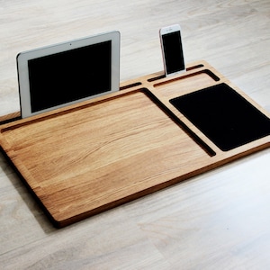 Portable laptop desk Oak wood lap tray with mousepad tablet & phone slots Christmas gift Wooden mobile workstation Macbook stand Lapdesk