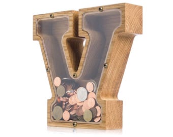 Personalized Oak Wood Letter Piggy Bank: Kids Coin Bank, Baptism Gift