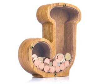 Personalized Oak Wood Letter Piggy Bank: Kids & Adult Coin Bank, 3 Sizes to Choose