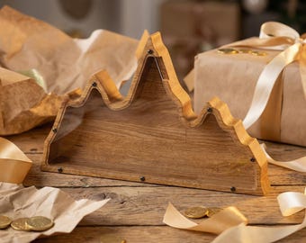 Handmade Oak Wood Mountain Piggy Bank: Personalized Travel Fund