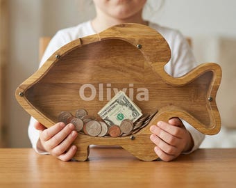 Personalized Wooden Fish Piggy Bank: Nautical Nursery Decor, Fishing Keepsake Gift, Custom Money Box