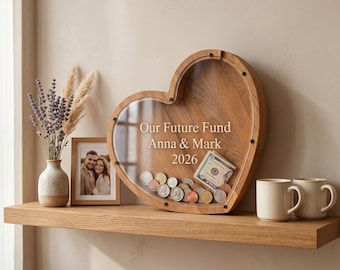 Engraved Wooden Heart Piggy Bank: Personalized Adult Savings Box for Future, Travel, Wedding Goals