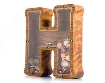 Personalized Wooden Letter Piggy Bank: Oak Initial Coin Bank, Kids Name Money Box